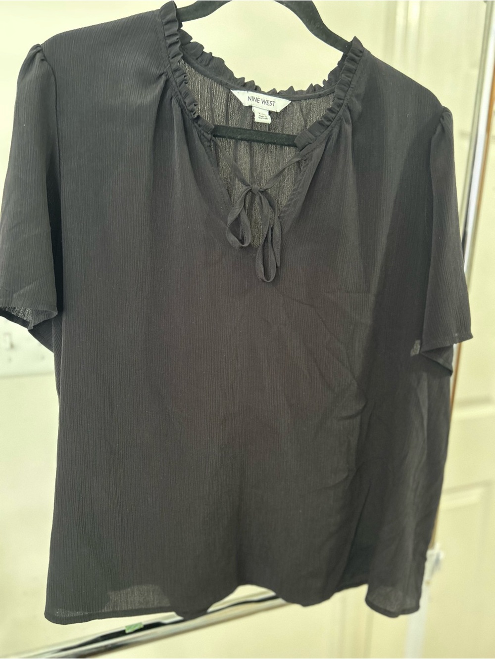 Nine West Black Ruffle Tie-Front Short Sleeve Blouse